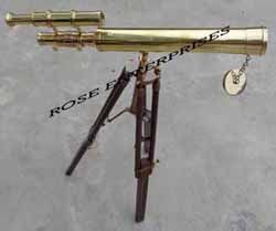 Brass Double Barrel Telescope with Wooden Tripod Stand