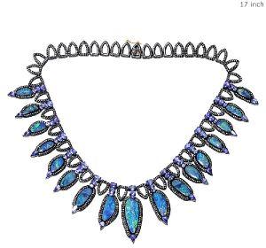 PAVE DIAMOND TANZANITE GEMSTONE BLUE OPAL NECKLACE