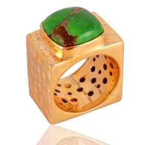 18K Gold Plated Green Mohave Copper Turquoise Hammered Handmade Ring