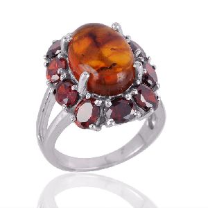 Amber and Garnet Designer Silver Cocktail Ring