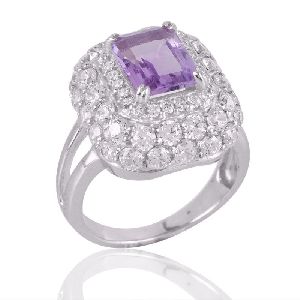 Amethyst and Cubic Zircon CZ Silver Jewelry Engagement Ring