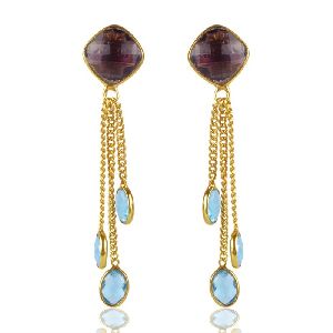 Amethyst And Sky Blue Topaz Colored Stone Gold Plated Silver Drop and Dangle Earring