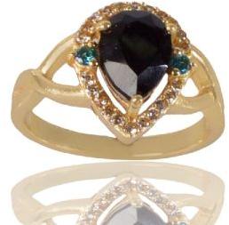 Black Gemstone Sky Blue Galss and White Cubic Zirconia Gold Plated Fashion Ring