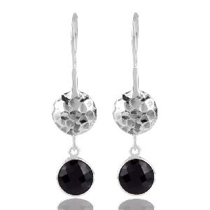 Black Stone Hammered Design Solid Silver Earring