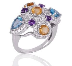 Blue Topaz Citrine Amethyst and CZ Multi Gemstone Silver Cocktail Ring