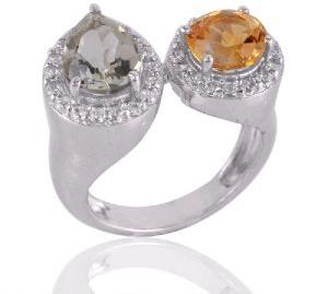 Citrine and Green Amethyst Silver CZ Cocktail Ring