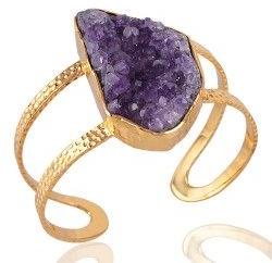 Gold Plated Cuff Bracelet with Natural Amethyst Druzy