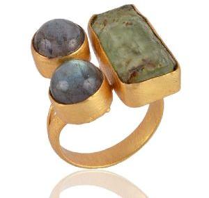 Labradorite and Rough Stone Fashion Jewelry Ring Yellow Gold Plated