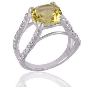 Lemon Quartz and CZ Silver Engagement Ring