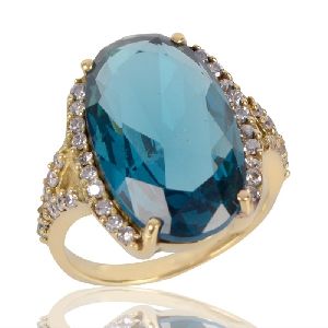 London Topaz Gemstone and White Cubic Zirconia Gold Plated Fashion Designer Ring