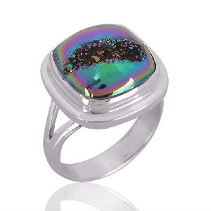 Natural Titanium Druzy Gemstone 925 Sterling Silver Ring