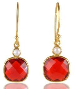 Pearl And Red Stone 925 Sterling Silver Gold Plated Earring