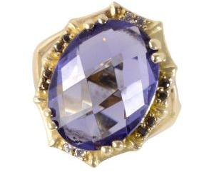 Purple Swarovski Glass, Black Spinal Glass and White Cubic Zirconia Yellow Gold Plated Fashion Ring