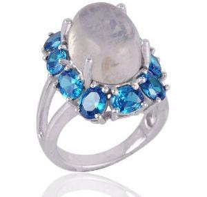 Rainbow Moonstone and Blue CZ Designer Silver Cocktail Ring