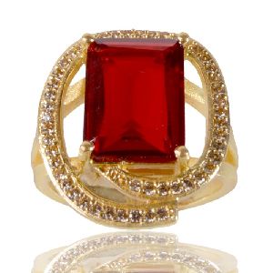 Red Gemstone and White Cubic Zirconia Gold Plated Designer Ring