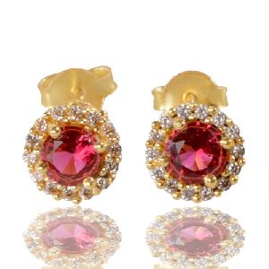 Red Gemstone And White Cubic Zirconia Gold Plated Stud Earring