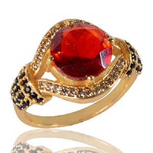 Red Gemstone Black Spinal Gemstone And White Cubic Zirconia Gold Plated Brass Ring