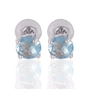 Silver Stud Sky Blue Topaz Gemstone 925 Sterling Earring