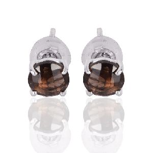 Silver Stud Smoky Quartz Gemstone 925 Sterling Earring