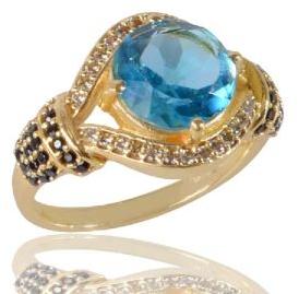 Sky Blue Gemstone Black Spinal Gemstone And White Cubic Zirconia Gold Plated Brass Ring