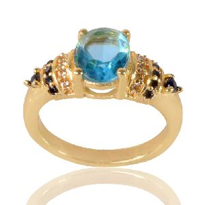 Sky Blue Gemstone Black Spinal Stone and White Cubic Zirconia Gold Plated Designer Ring
