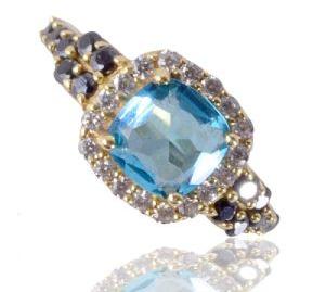 Sky Blue Swarovski Glass, Black Spinal Glass and White Cubic Zirconia Gold Plated Ring