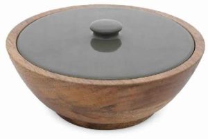 Wooden textured enamel bowl with lid