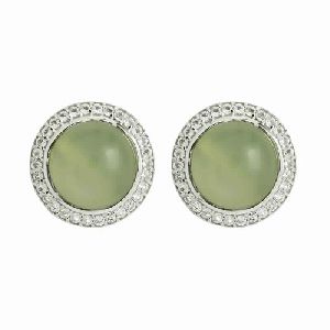 Prehnite Gemstone Surrounded By White Topaz 925 Silver Earring