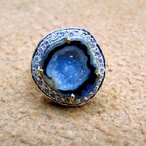 Druzy Geode Pave Diamond 18k Gold Plated Gemstone Prong Setting Sizable Ring