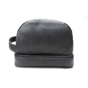 Genuine black leather men Toilet bag