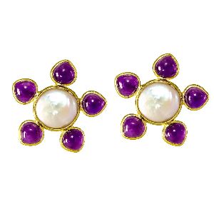 Amethyst With Pearl Bezel Stud Earrings