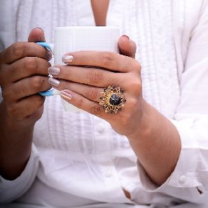 Rough Tourmaline Gemstone Handmade Fancy Gold Plated Flower Design Women Girls Ring