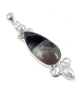 Blue Stripped Onyx Pearl Gemstone Silver Pendant