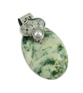 Beauty !! Tree Moss Agate, Pearl Gemstone Silver Jewelry Pendant