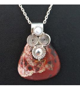 Exclusive Picture Jasper, Pearl 925 Sterling Silver Pendant