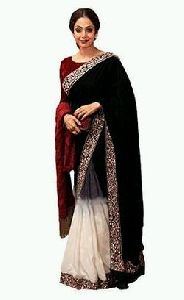 Black And White Multi Work Velvet Saree