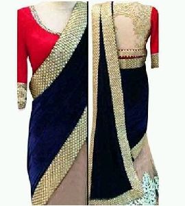 Blue And Off White Embroidered Velvet Saree