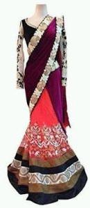 Purple and Pink Thread Work Velvet Saree