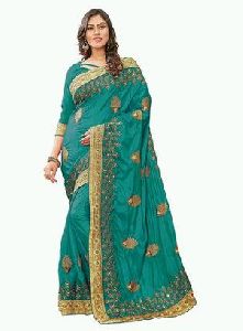 Turquoise Embroidered Satin Silk Saree
