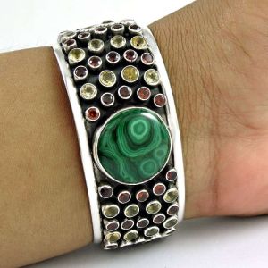 Antique Look ! 925 Sterling Silver Malachite, Garnet, Citrine Bangle