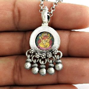 Oxidised Antique Look Glass Painting 925 Sterling Silver Pendant