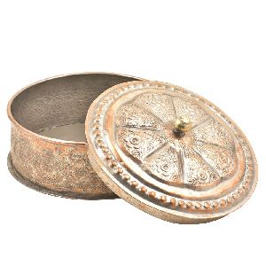 Round Copper Repousse Floral Trinket Box With Metal Knob Finial