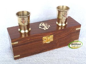 Shot glass set with brass cups and wooden box