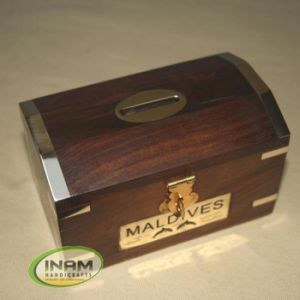 Wooden Money box with brass inlay