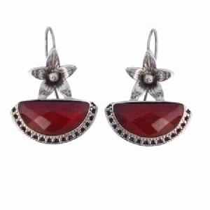 925 STERLING SILVER RED ONYX FLOWER DESIGN HAND CRAFTED WOMEN\\\'S EARRINGS