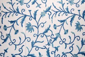 Cotton Crewel Embroidered Fabric Jacobean, Blue on