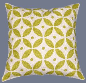 CREWEL WOOL EMBROIDERED CUSHION PILLOW COVER, GREEN AND WHITE