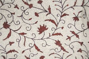 Jute Crewel Embroidered Fabric Jacobean, Brown on Beige