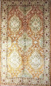 KASHMIR SILK CARPET HAND KNOTTED, GREEN AND GOLD