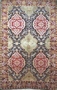 KASHMIR SILK CARPET HAND KNOTTED, RED AND GREEN